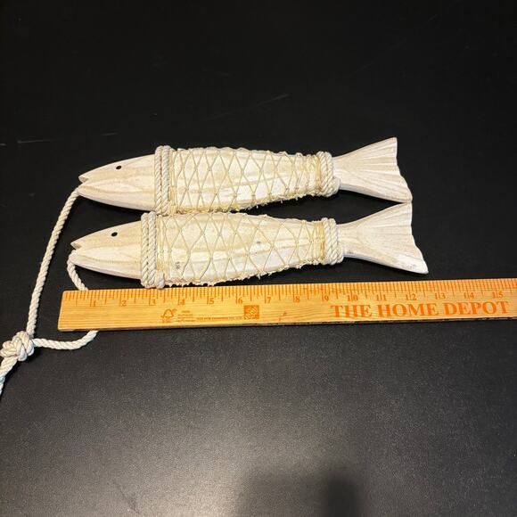 CARVED DISTRESSED WOOD FISH PAIR WITH NET  FISHING NAUTICAL 12.5" - Picture 2 of 5